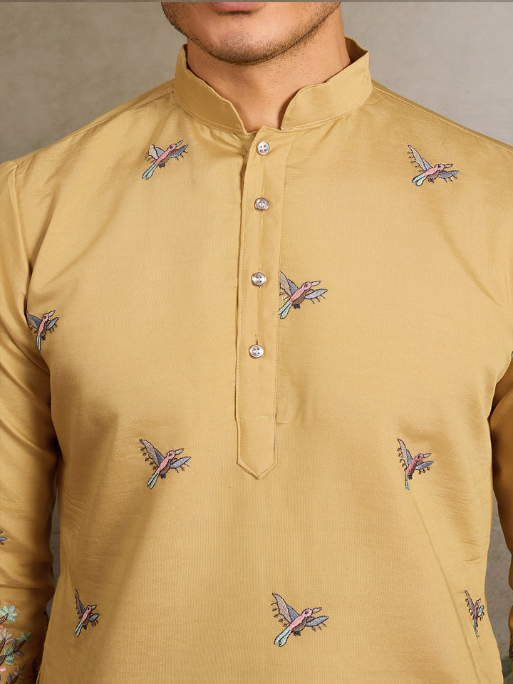 Yellow Viscose Silk Men’s Kurta with Thread and Sequin Embroidery – Festive & Wedding Wear