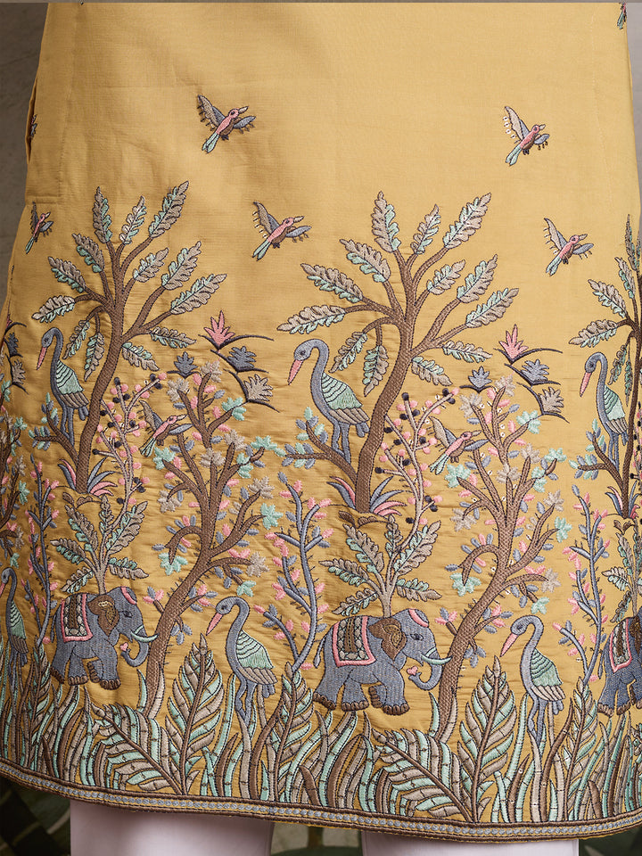 Yellow Viscose Silk Men’s Kurta with Thread and Sequin Embroidery – Festive & Wedding Wear