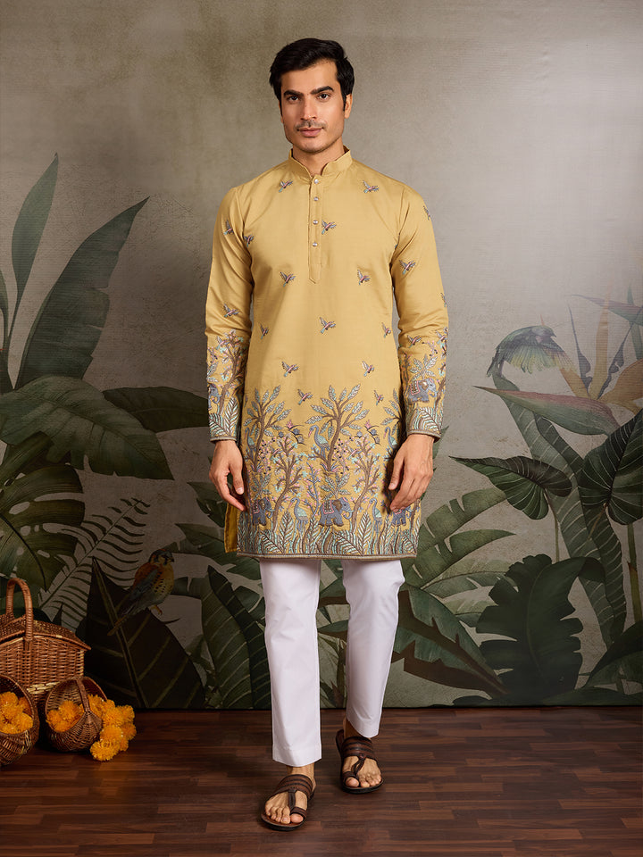 Yellow Viscose Silk Men’s Kurta with Thread and Sequin Embroidery – Festive & Wedding Wear