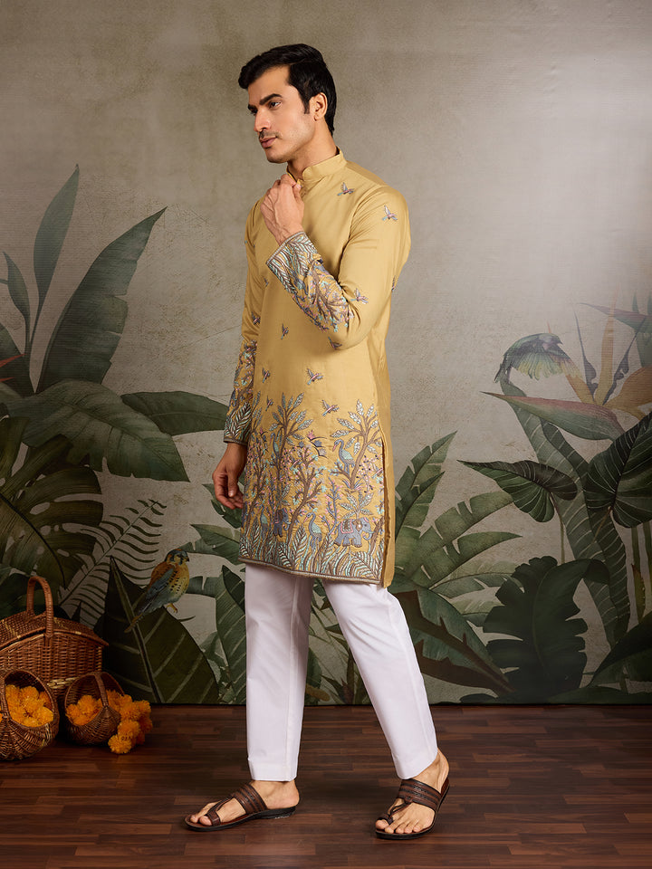 Yellow Viscose Silk Men’s Kurta with Thread and Sequin Embroidery – Festive & Wedding Wear