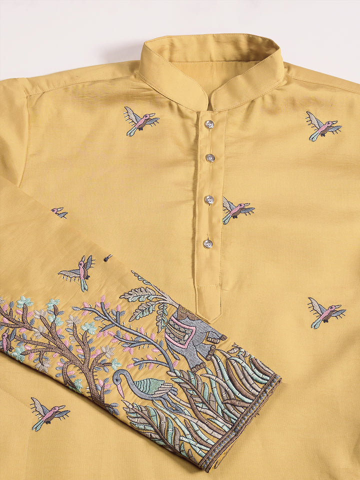 Yellow Viscose Silk Men’s Kurta with Thread and Sequin Embroidery – Festive & Wedding Wear