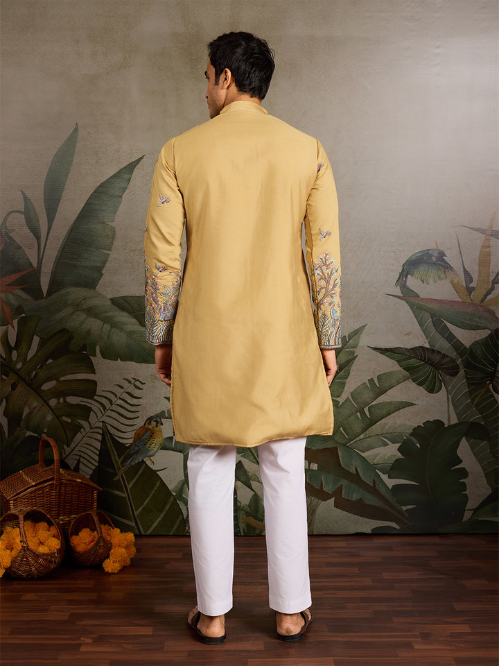 Yellow Viscose Silk Men’s Kurta with Thread and Sequin Embroidery – Festive & Wedding Wear