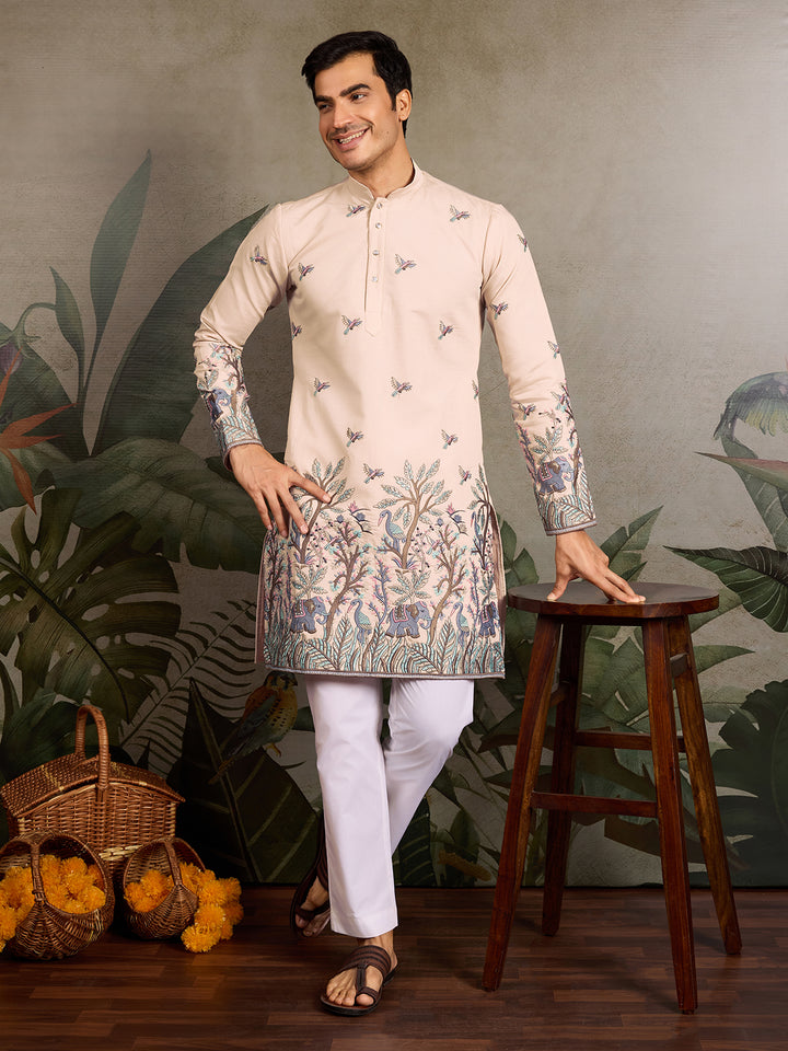 Men’s Beige Viscose Silk Kurta with Thread and Sequin Embroidery