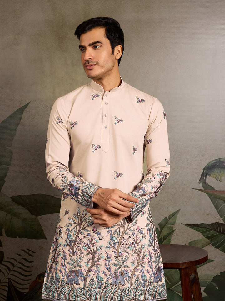 Men’s Beige Viscose Silk Kurta with Thread and Sequin Embroidery