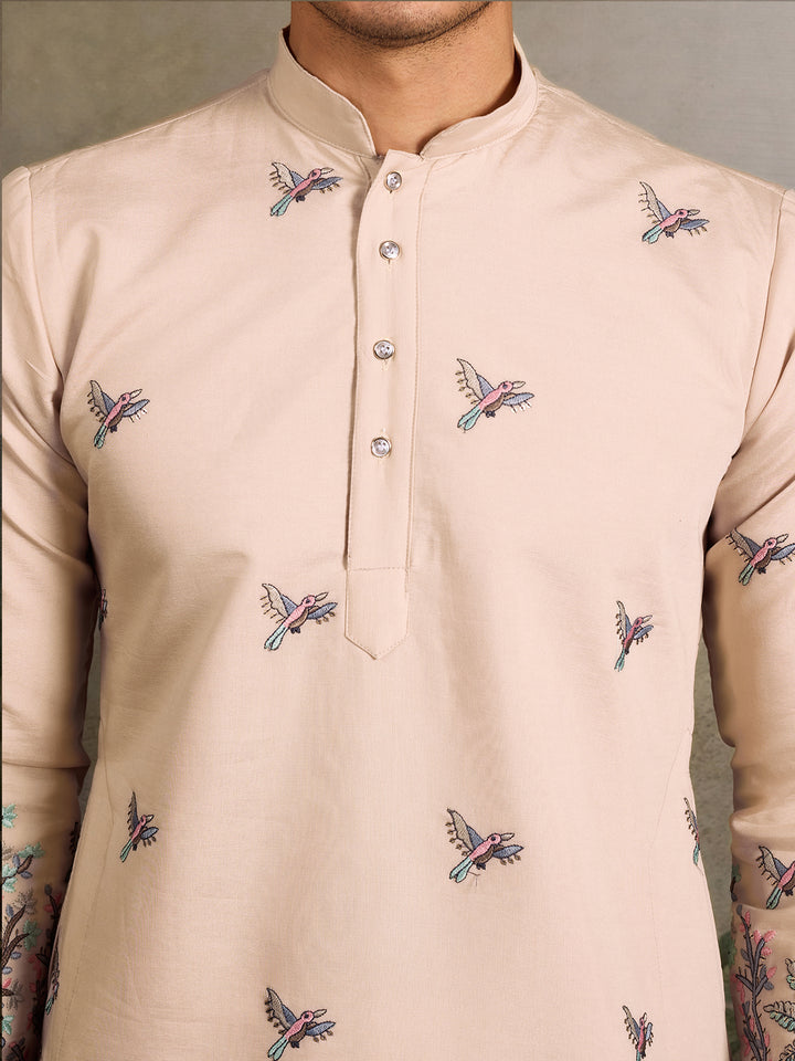 Men’s Beige Viscose Silk Kurta with Thread and Sequin Embroidery