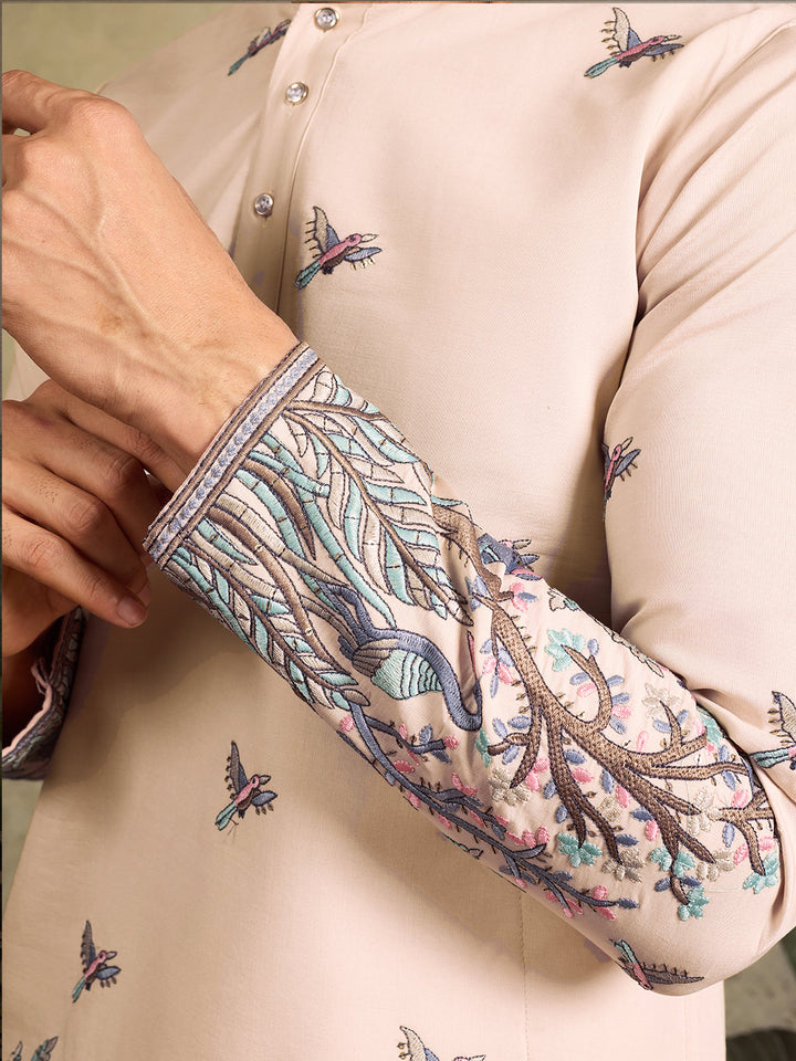 Men’s Beige Viscose Silk Kurta with Thread and Sequin Embroidery