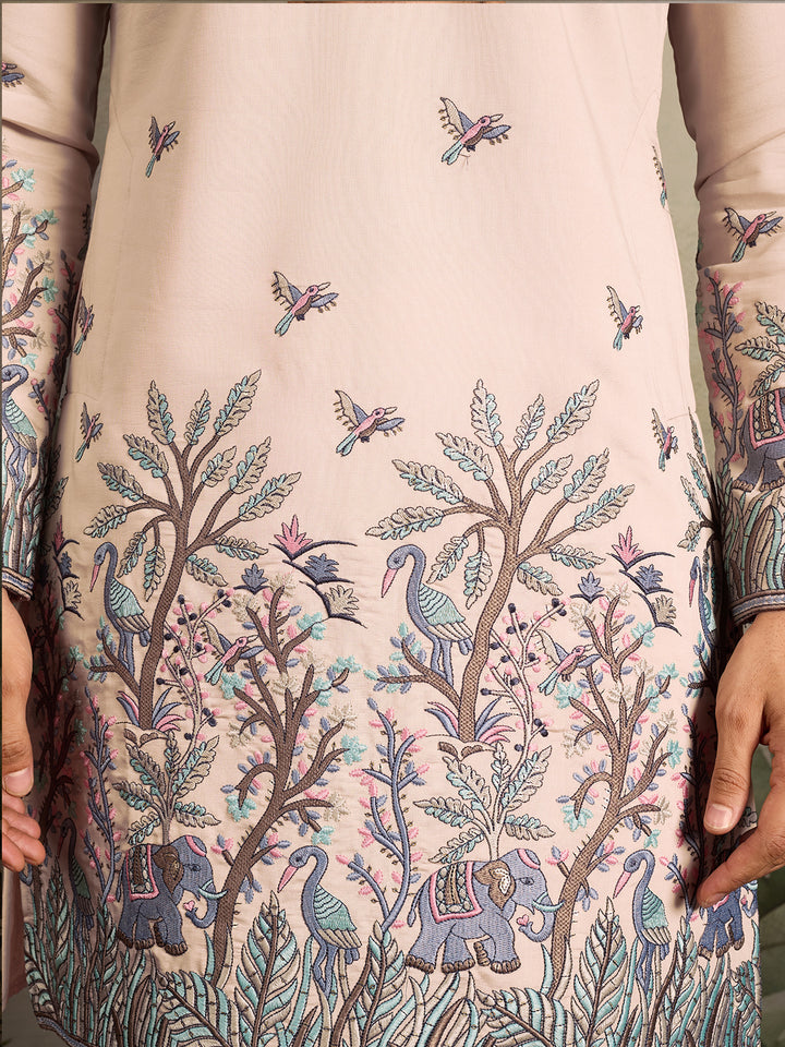 Men’s Beige Viscose Silk Kurta with Thread and Sequin Embroidery