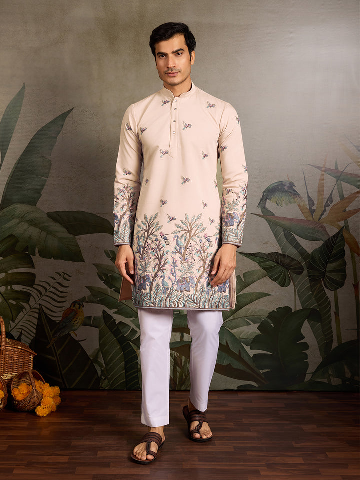 Men’s Beige Viscose Silk Kurta with Thread and Sequin Embroidery