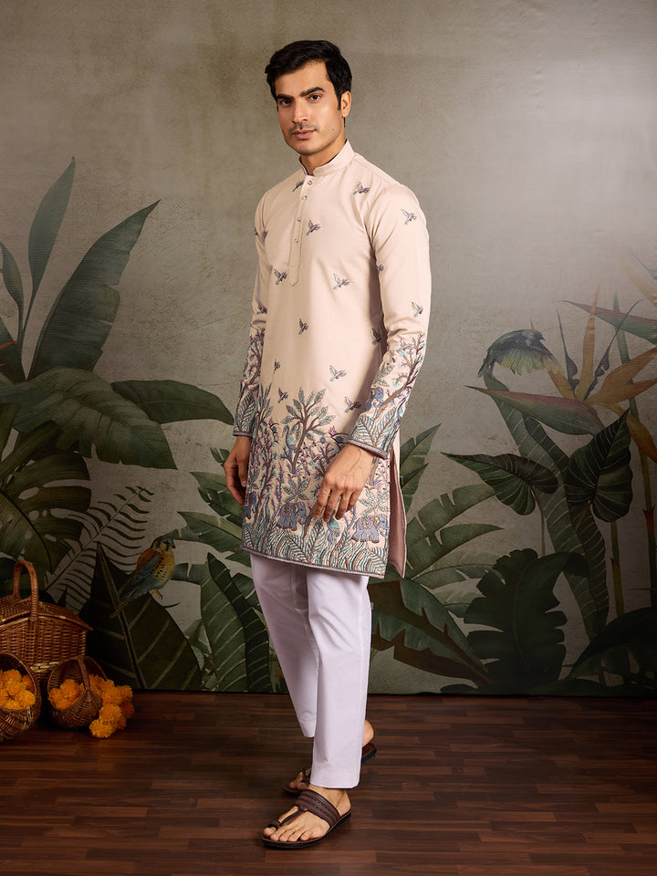 Men’s Beige Viscose Silk Kurta with Thread and Sequin Embroidery