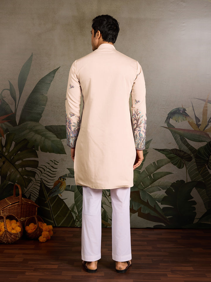 Men’s Beige Viscose Silk Kurta with Thread and Sequin Embroidery