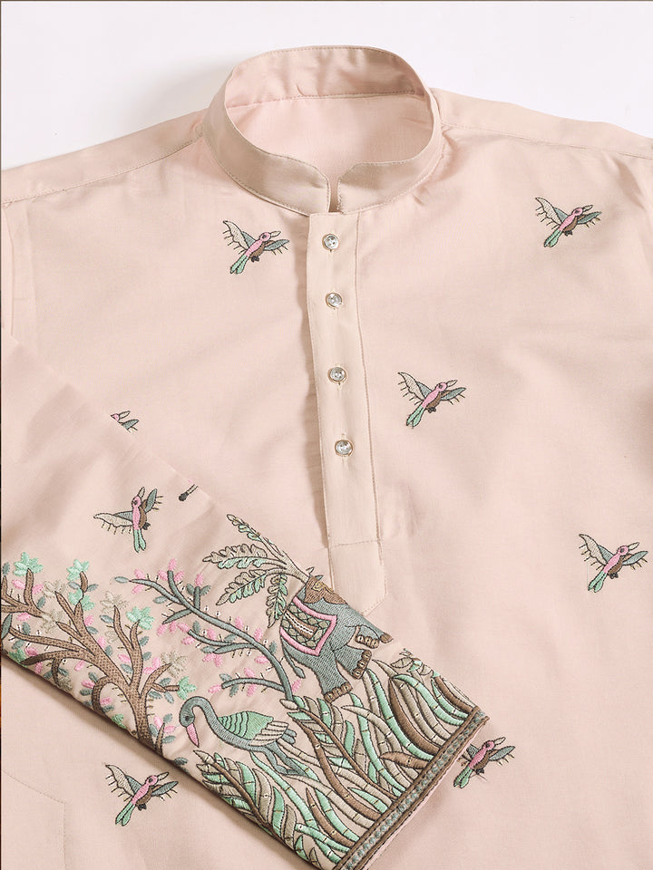 Men’s Beige Viscose Silk Kurta with Thread and Sequin Embroidery
