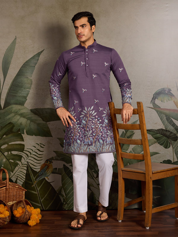 Dusty Purple Viscose Silk Kurta for Men with Thread & Sequin Embroidery