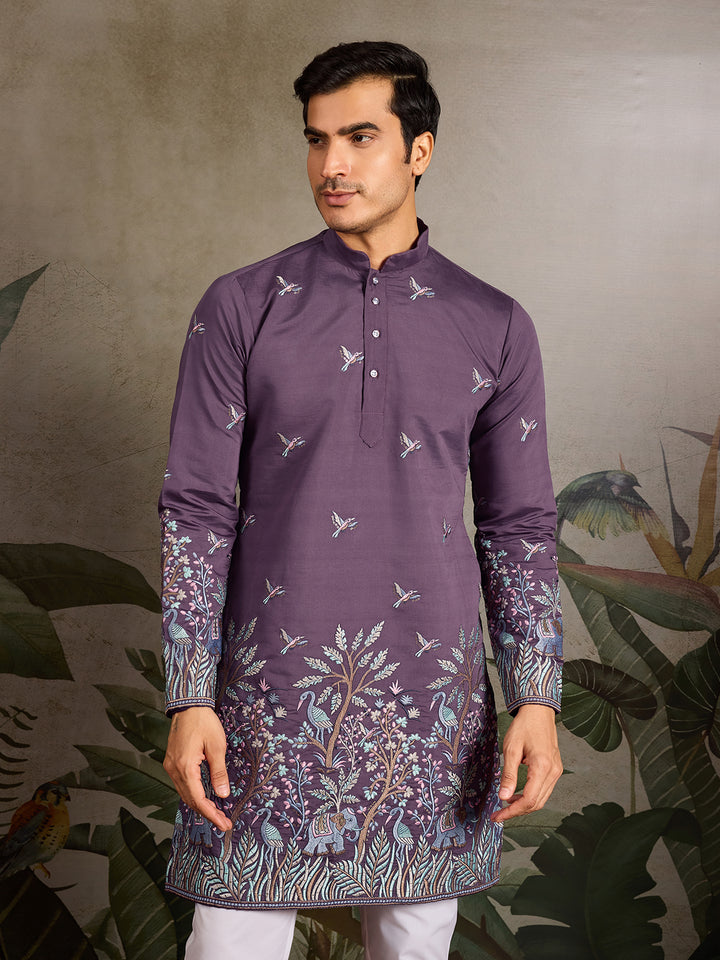 Dusty Purple Viscose Silk Kurta for Men with Thread & Sequin Embroidery