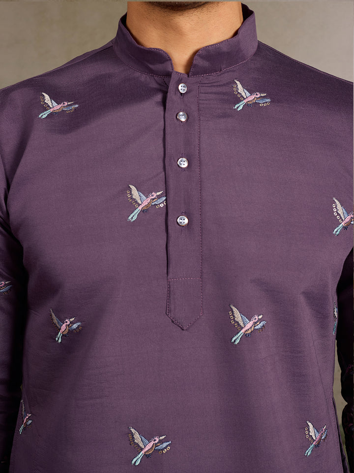 Dusty Purple Viscose Silk Kurta for Men with Thread & Sequin Embroidery