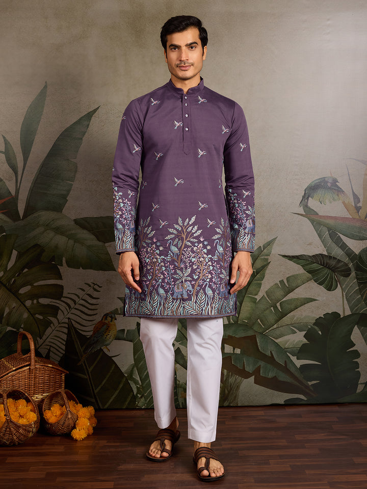 Dusty Purple Viscose Silk Kurta for Men with Thread & Sequin Embroidery