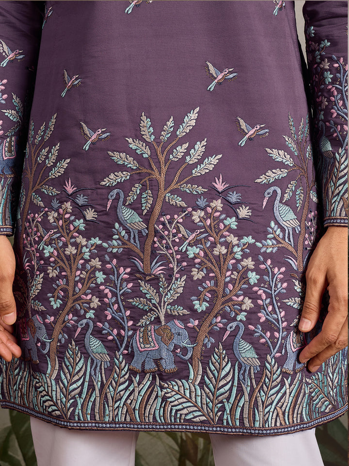 Dusty Purple Viscose Silk Kurta for Men with Thread & Sequin Embroidery