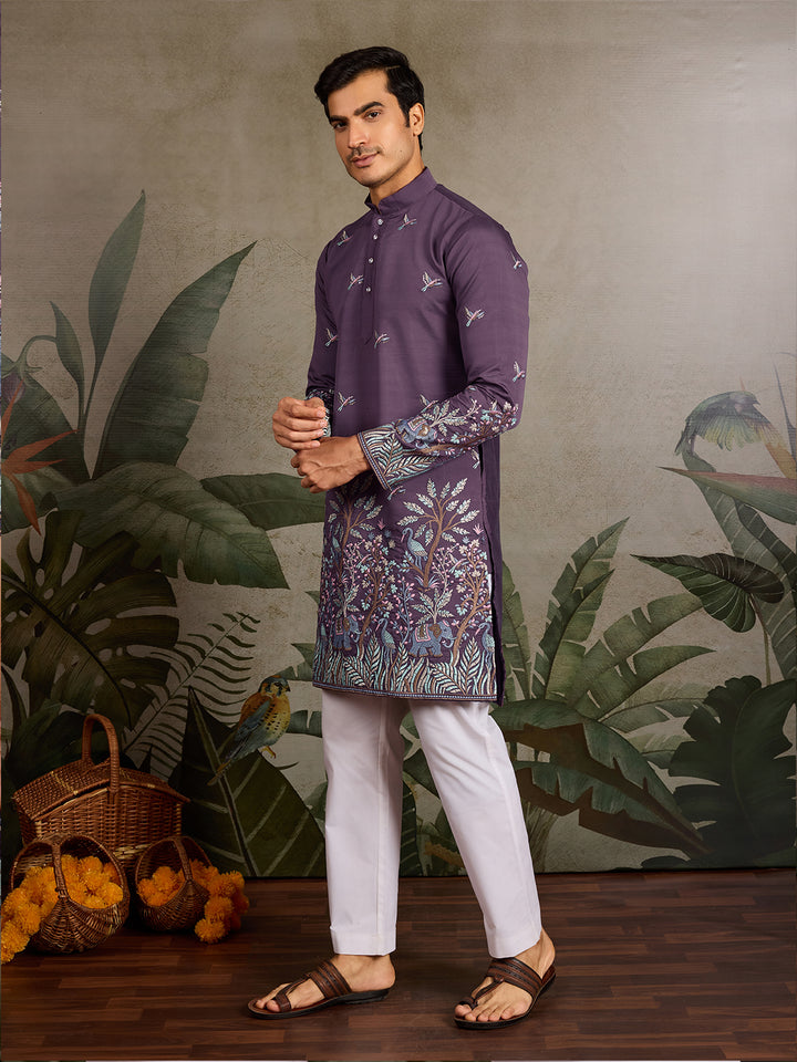 Dusty Purple Viscose Silk Kurta for Men with Thread & Sequin Embroidery