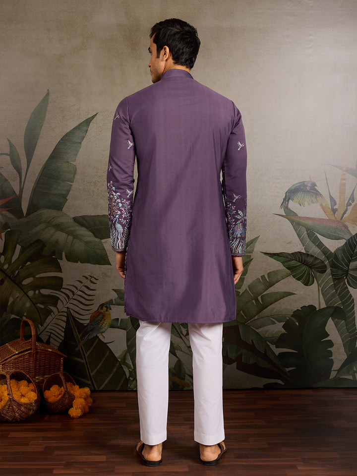 Dusty Purple Viscose Silk Kurta for Men with Thread & Sequin Embroidery