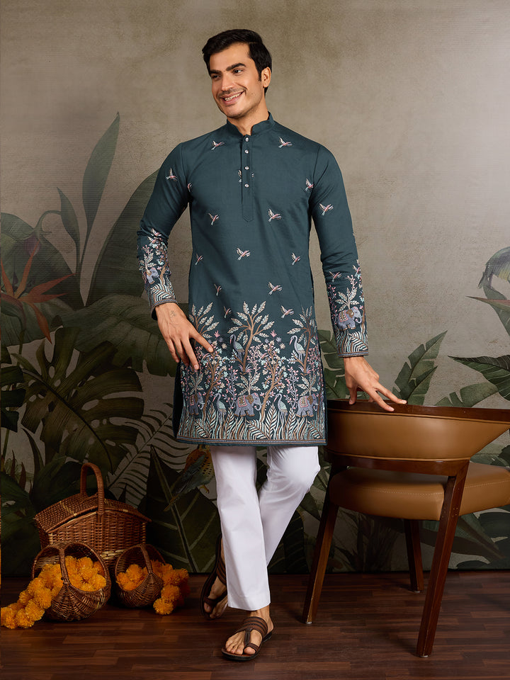 Green Viscose Silk Men’s Kurta with Thread and Sequin Embroidery