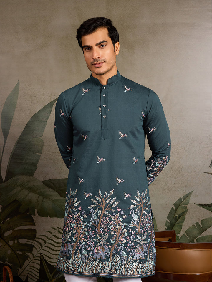 Green Viscose Silk Men’s Kurta with Thread and Sequin Embroidery