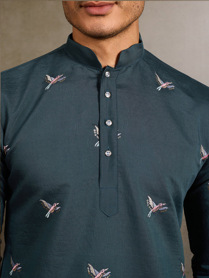 Green Viscose Silk Men’s Kurta with Thread and Sequin Embroidery