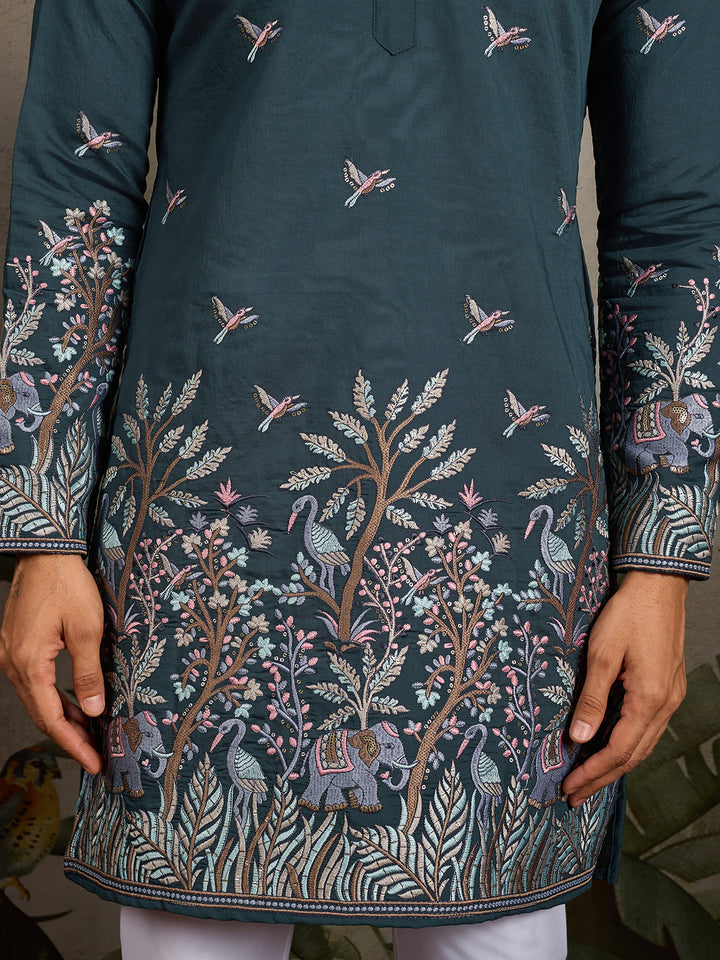 Green Viscose Silk Men’s Kurta with Thread and Sequin Embroidery