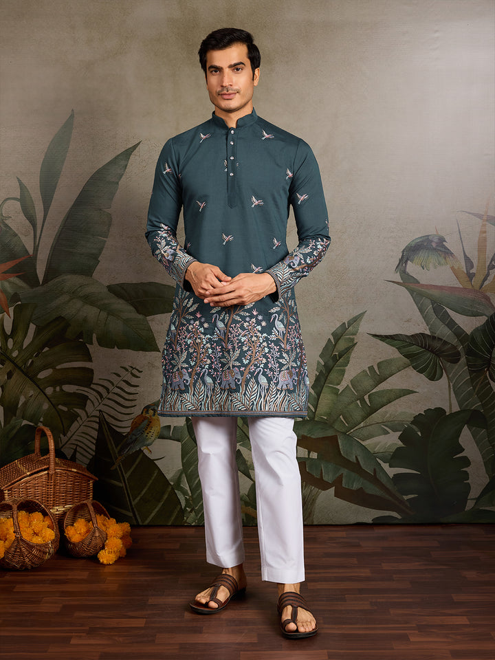 Green Viscose Silk Men’s Kurta with Thread and Sequin Embroidery
