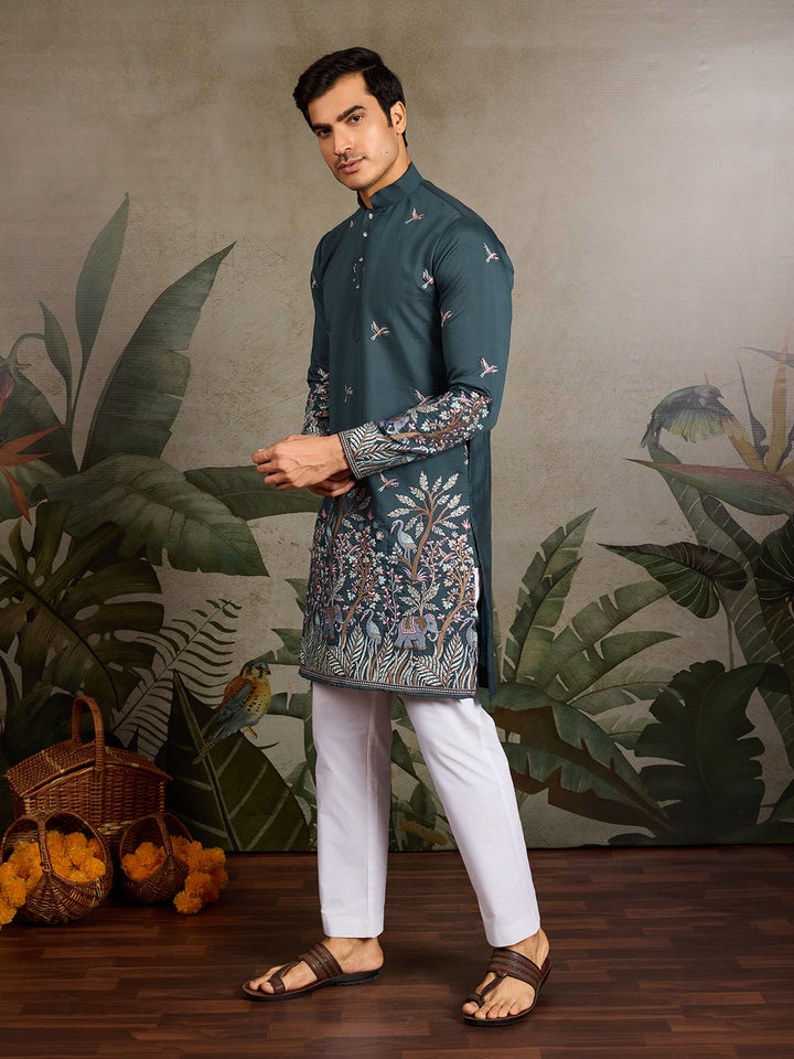 Green Viscose Silk Men’s Kurta with Thread and Sequin Embroidery