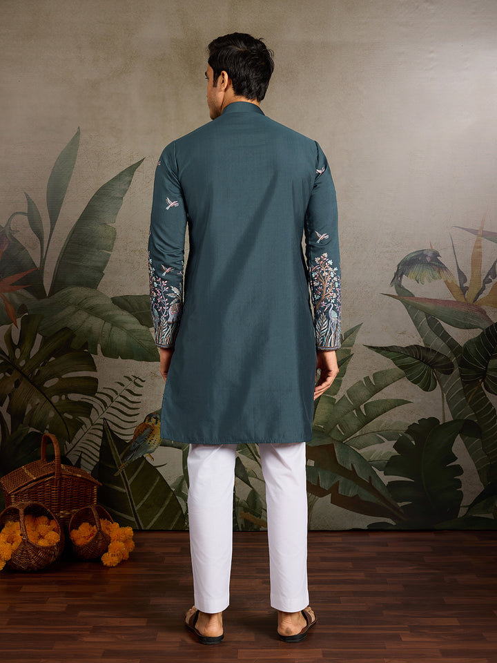 Green Viscose Silk Men’s Kurta with Thread and Sequin Embroidery