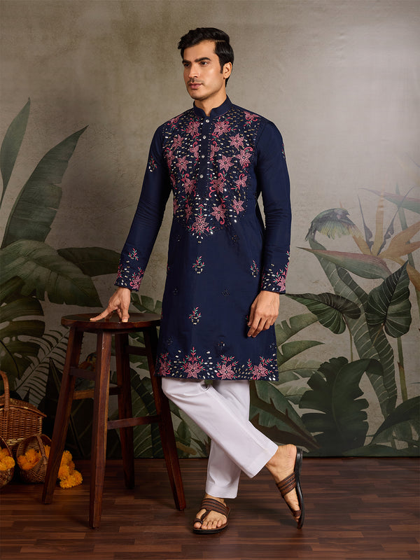 Navy Blue Viscose Silk Men’s Kurta with Mirror Work & Sequence Embroidery – Navratri Special