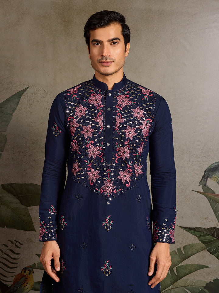Navy Blue Viscose Silk Men’s Kurta with Mirror Work & Sequence Embroidery – Navratri Special