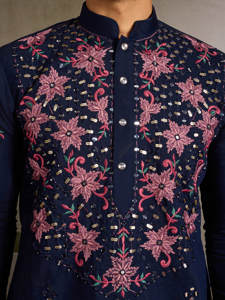 Navy Blue Viscose Silk Men’s Kurta with Mirror Work & Sequence Embroidery – Navratri Special