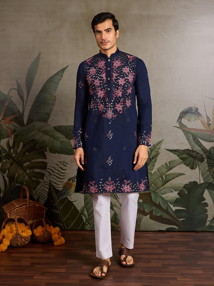 Navy Blue Viscose Silk Men’s Kurta with Mirror Work & Sequence Embroidery – Navratri Special