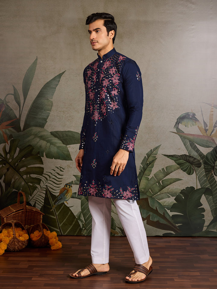 Navy Blue Viscose Silk Men’s Kurta with Mirror Work & Sequence Embroidery – Navratri Special