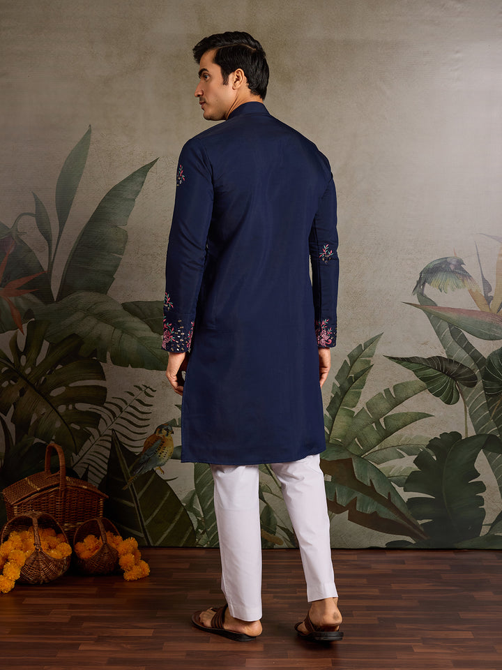 Navy Blue Viscose Silk Men’s Kurta with Mirror Work & Sequence Embroidery – Navratri Special