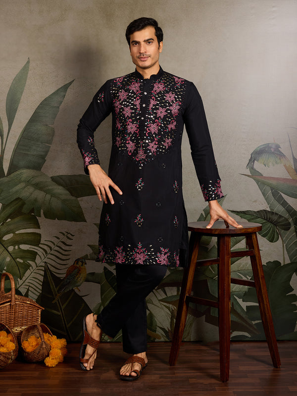 Black Viscose Silk Men’s Kurta with Mirror & Sequence Embroidery | Navratri Special Ethnic Wear