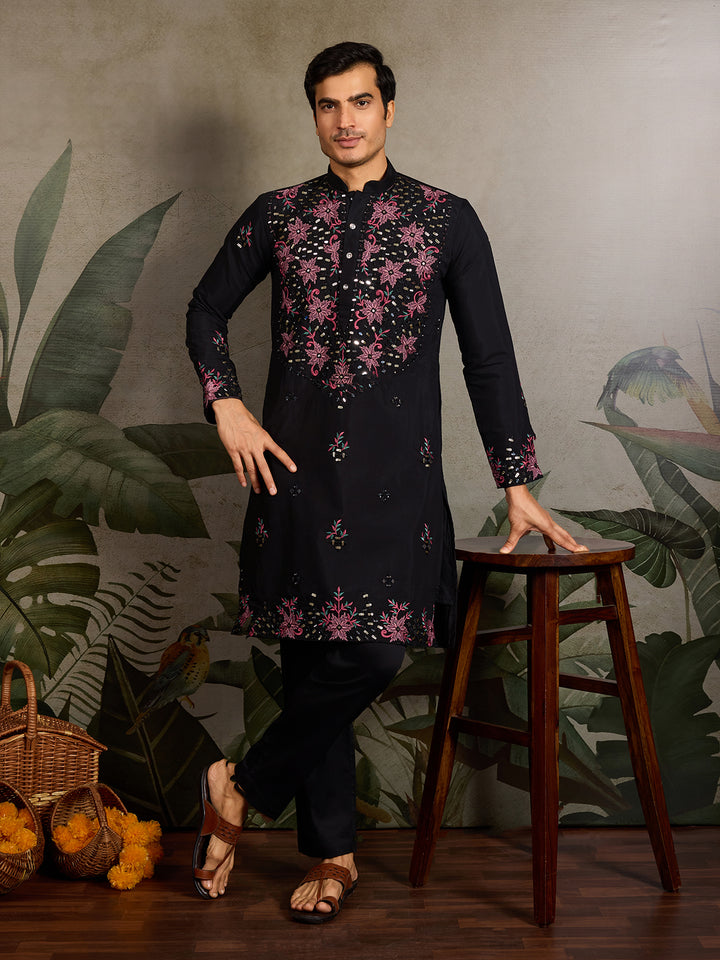 Black Viscose Silk Men’s Kurta with Mirror & Sequence Embroidery | Navratri Special Ethnic Wear