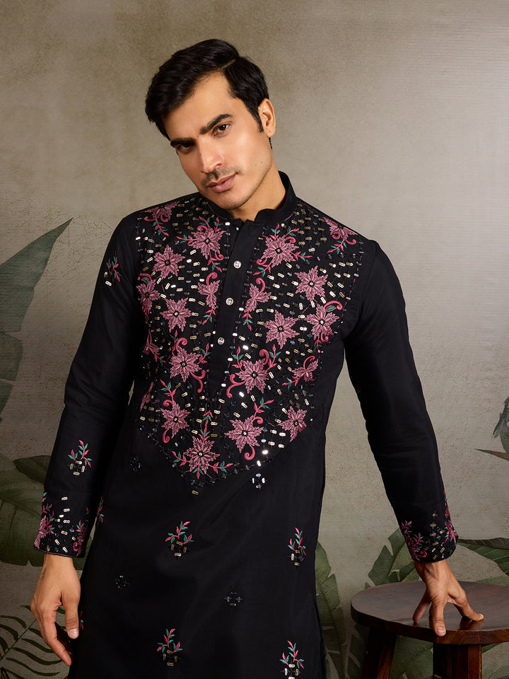 Black Viscose Silk Men’s Kurta with Mirror & Sequence Embroidery | Navratri Special Ethnic Wear