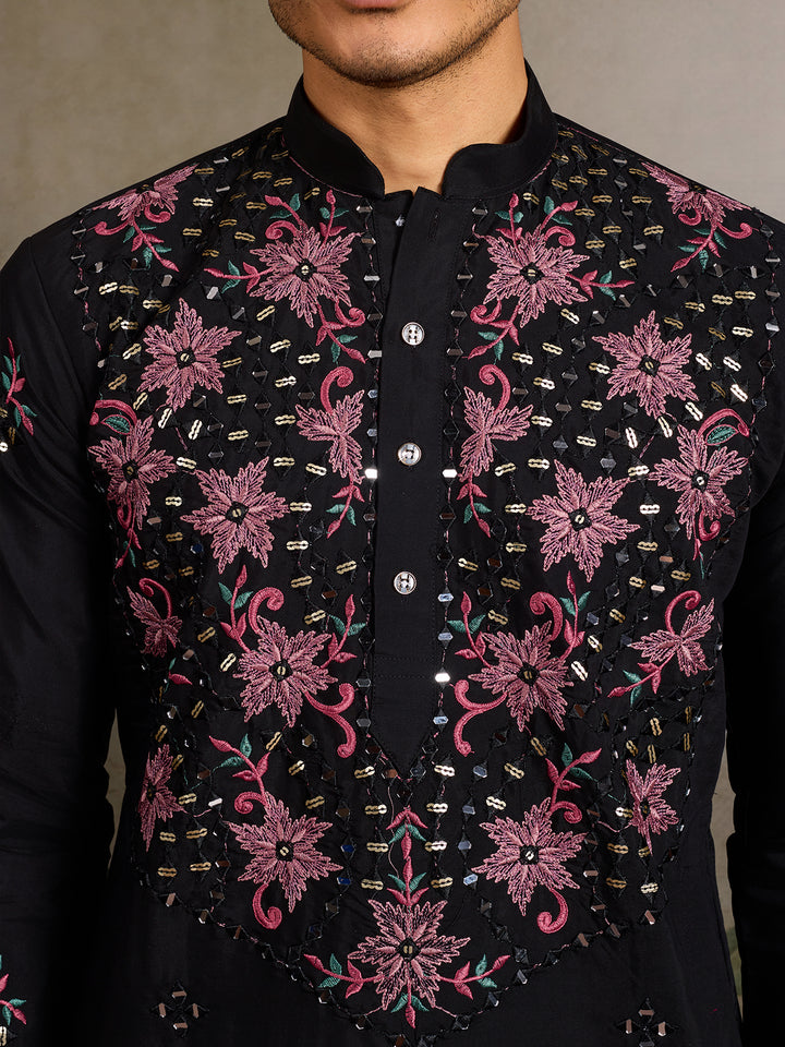 Black Viscose Silk Men’s Kurta with Mirror & Sequence Embroidery | Navratri Special Ethnic Wear