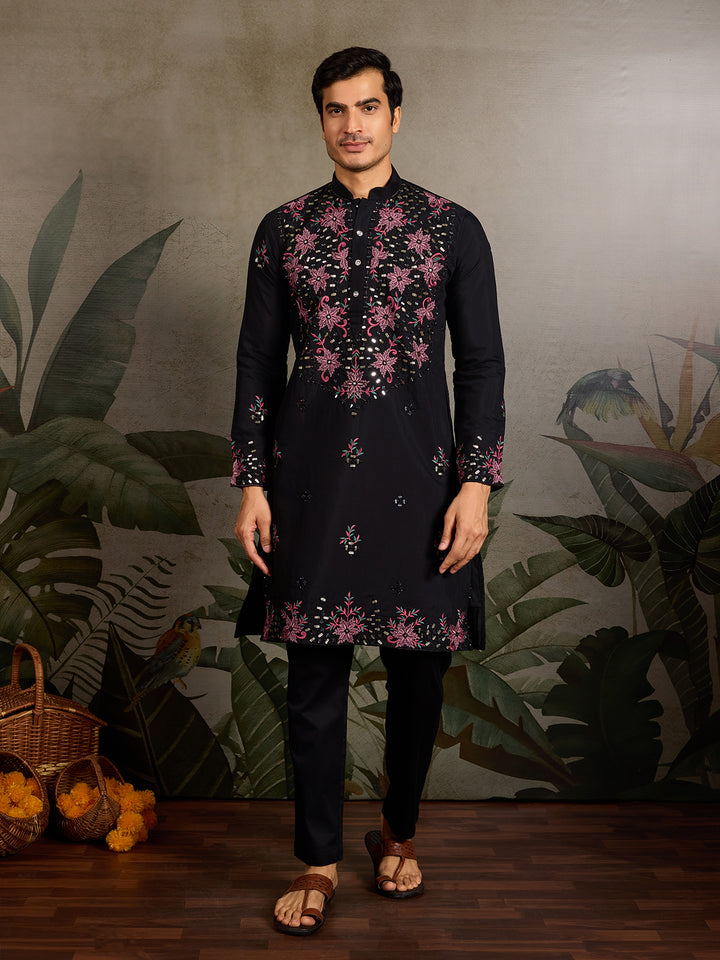 Black Viscose Silk Men’s Kurta with Mirror & Sequence Embroidery | Navratri Special Ethnic Wear