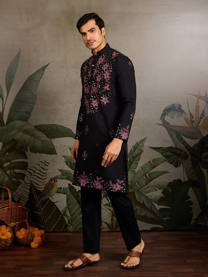 Black Viscose Silk Men’s Kurta with Mirror & Sequence Embroidery | Navratri Special Ethnic Wear