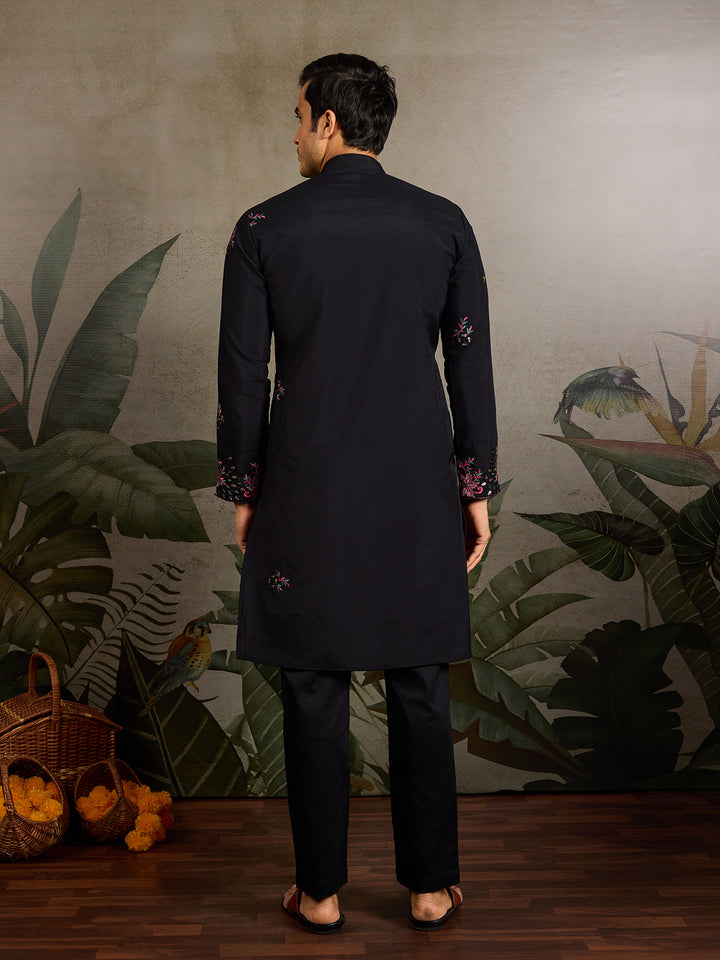 Black Viscose Silk Men’s Kurta with Mirror & Sequence Embroidery | Navratri Special Ethnic Wear