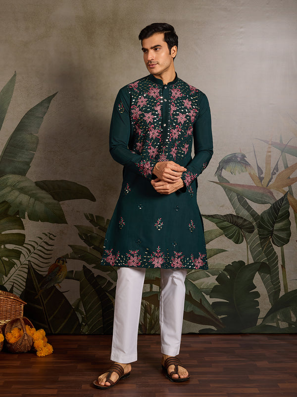 Green Viscose Silk Men’s Kurta for Navratri with Mirror, Thread & Sequin Embroidery Work