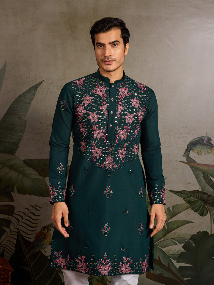 Green Viscose Silk Men’s Kurta for Navratri with Mirror, Thread & Sequin Embroidery Work