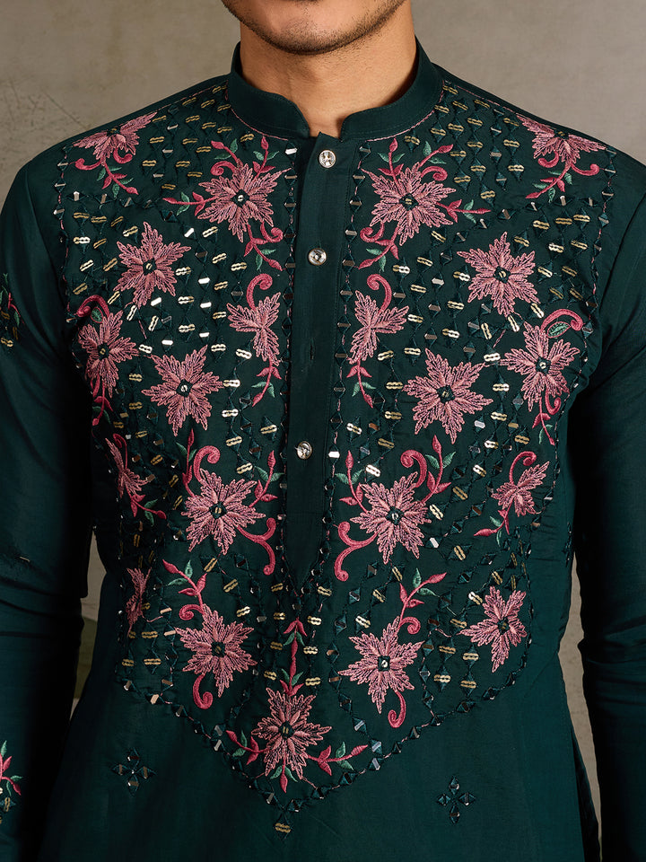 Green Viscose Silk Men’s Kurta for Navratri with Mirror, Thread & Sequin Embroidery Work