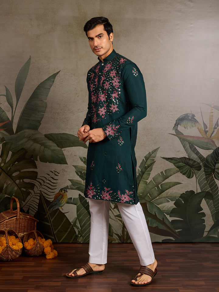 Green Viscose Silk Men’s Kurta for Navratri with Mirror, Thread & Sequin Embroidery Work