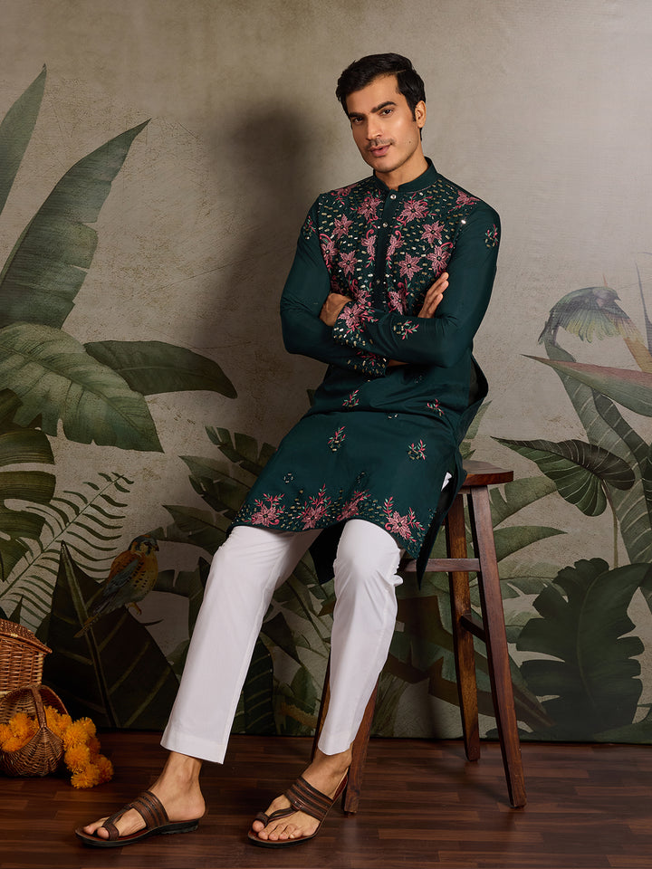 Green Viscose Silk Men’s Kurta for Navratri with Mirror, Thread & Sequin Embroidery Work