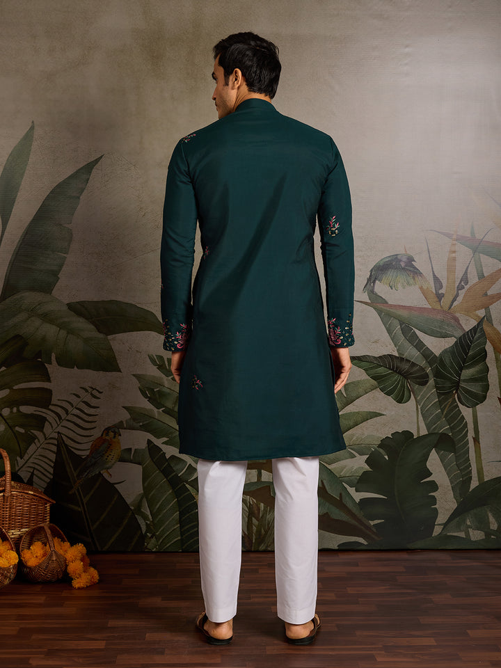 Green Viscose Silk Men’s Kurta for Navratri with Mirror, Thread & Sequin Embroidery Work