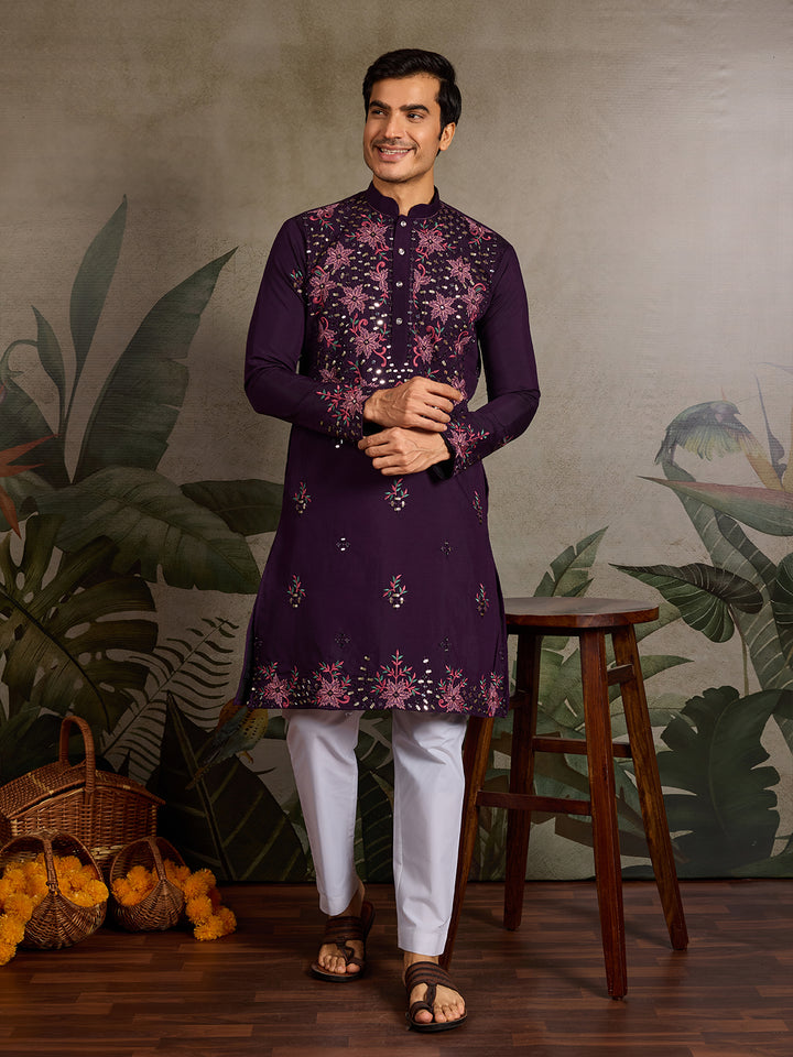 Purple Viscose Silk Men’s Kurta for Navratri with Mirror, Thread & Sequin Embroidery Work