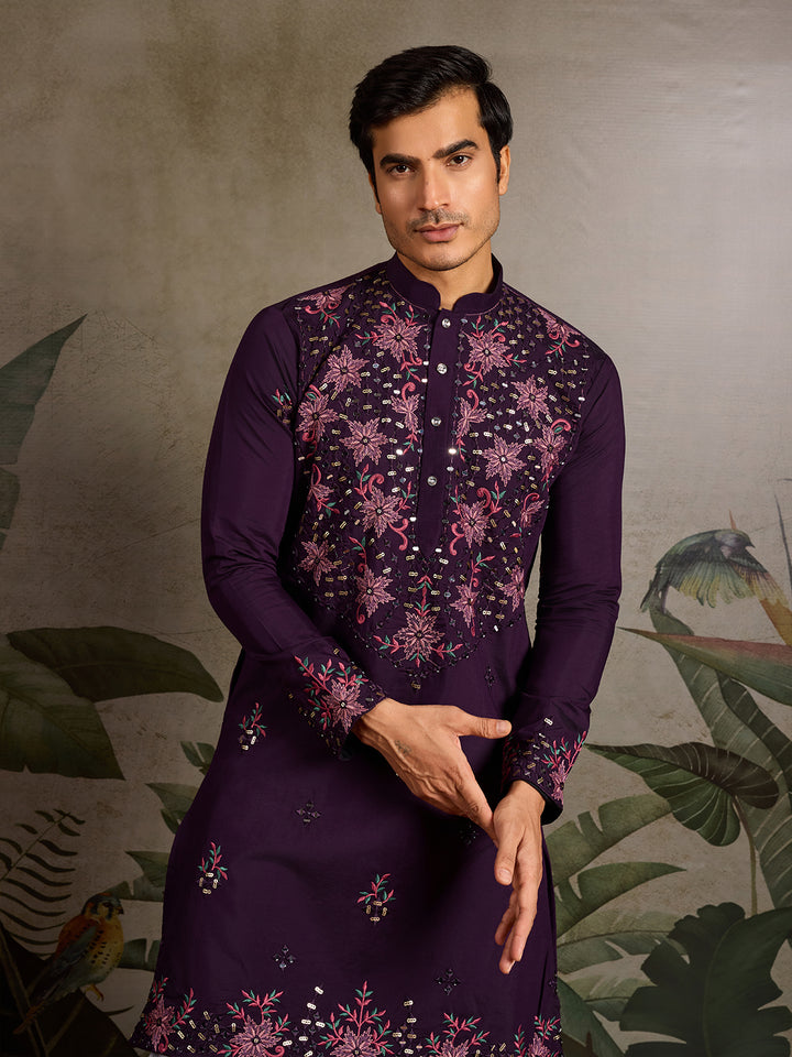 Purple Viscose Silk Men’s Kurta for Navratri with Mirror, Thread & Sequin Embroidery Work